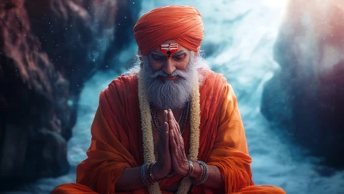 Digital painting portrait of meditative sage in orange robes.