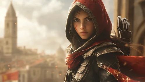 Hooded rogue archer stands vigilant above hazy medieval city