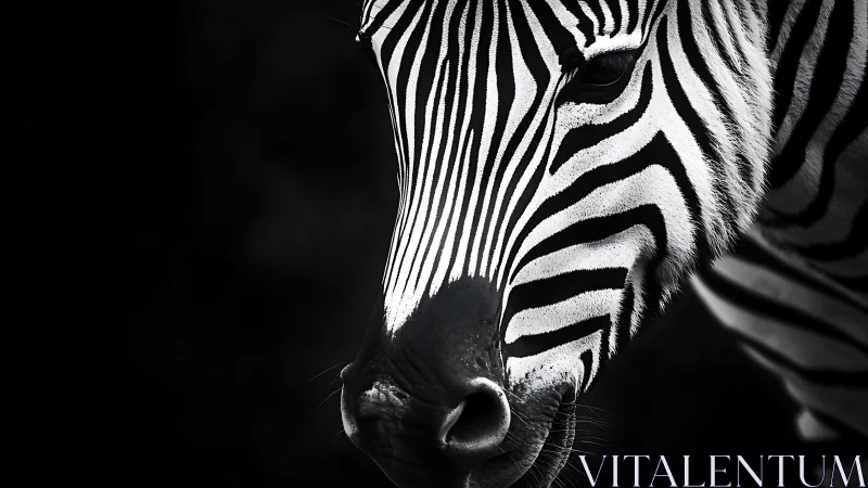 Zebra portrait shows bold stripes in moody monochrome light.