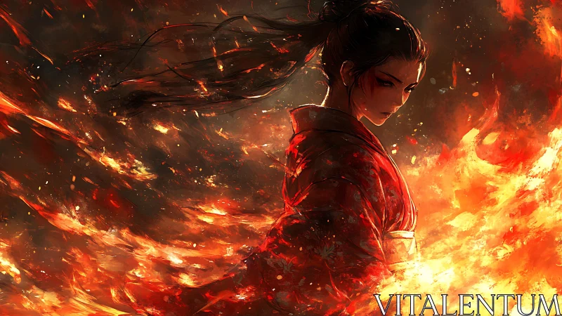Firelit warrior in flowing kimono amid swirling embers.
