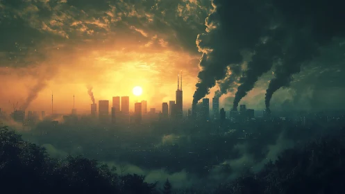 Urban skyline at sunset with dense industrial smoke plumes.