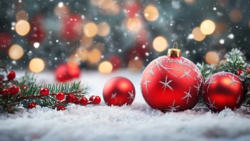 Photorealistic red baubles in snowy evergreen holiday still life.