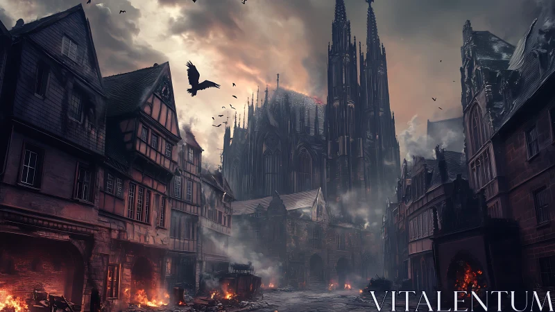 Gothic cathedral above burning medieval street under smoke.
