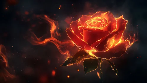 Flaming rose blooms against dark smoke-filled void.
