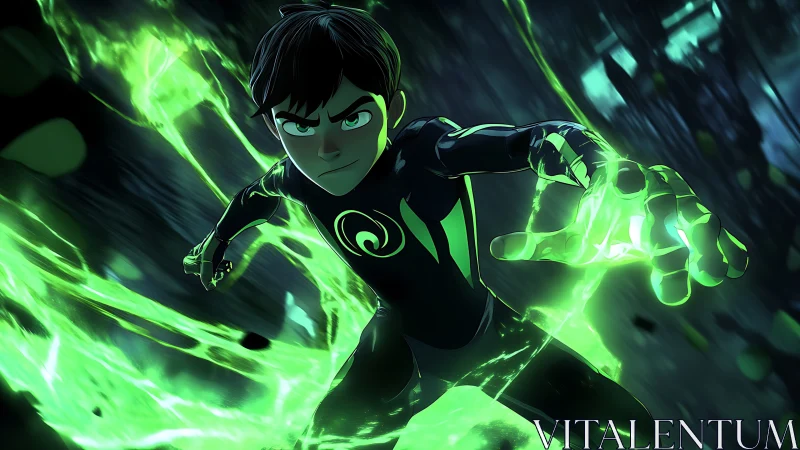 Young male hero with green energy aura in dynamic pose.