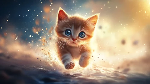 Luminous Kitten Portrait: Digital Fantasy Rendering with Ethereal Particle Effects.