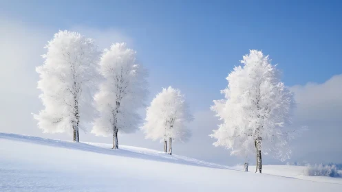 Frosty sentry trees guarding a hush-bright winter hillside.