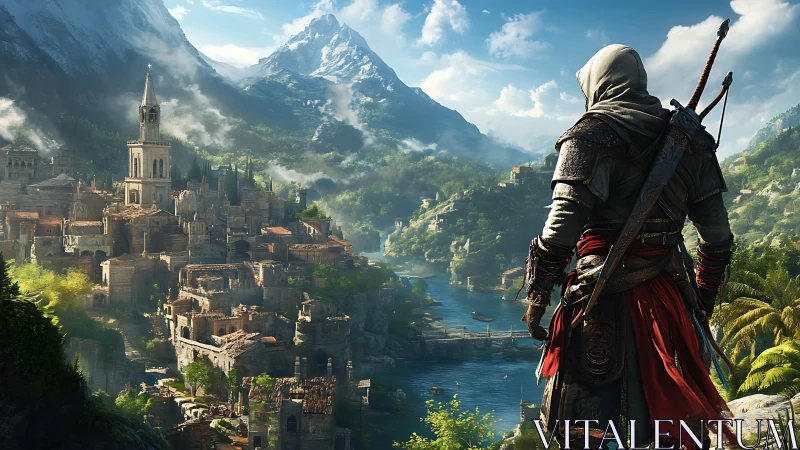 Hooded wanderer surveys sunlit mountain river kingdom.