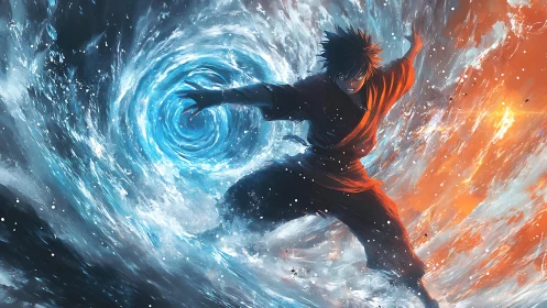 Anime warrior commands raging water vortex and firestorm.