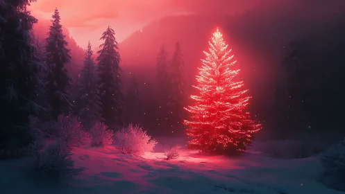 Glowing winter Christmas tree lighting up a quiet forest night.