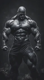 Titanic digital bodybuilder stands in dramatic low key light