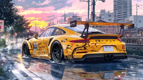 Yellow GT race car on wet urban street at sunset.
