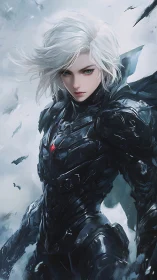 Storm-lit cyber warrior in black armor with crimson sigil.