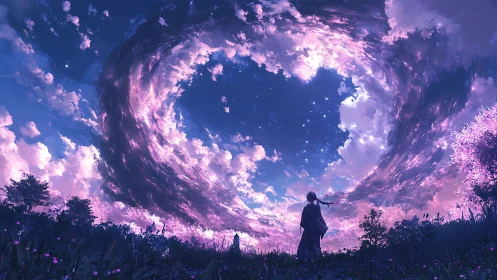 Girl observing swirling violet night sky vortex scene.