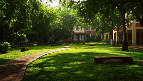 Curved brick path cuts through shaded academic courtyard lawn at dawn