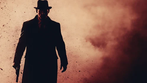 Silhouetted noir gunman emerges through drifting embers.