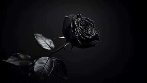 Single black rose rendered in high contrast grayscale lighting
