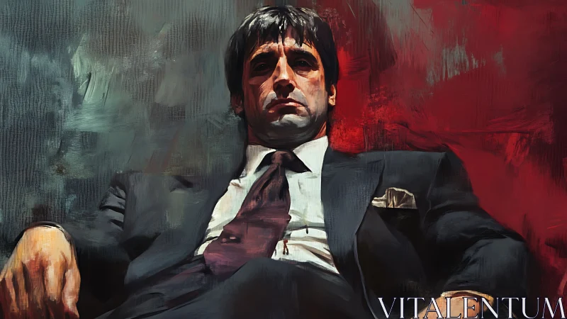 Seated man in suit against textured red and gray backdrop.