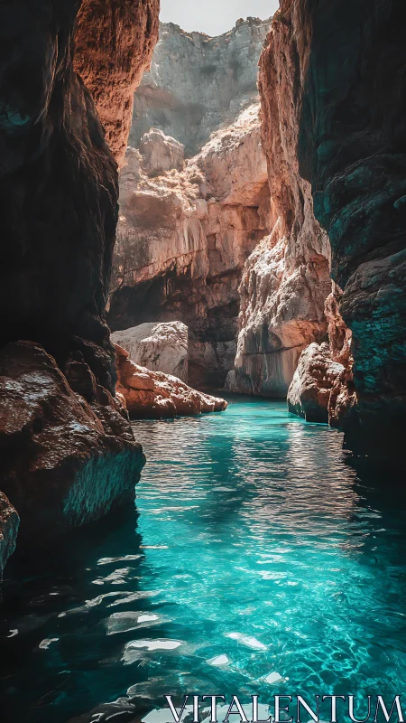 Turquoise canyon pool beneath towering sunlit cliffs.
