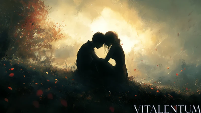 Silhouetted Couple Embracing Against Golden Sunset Backdrop.