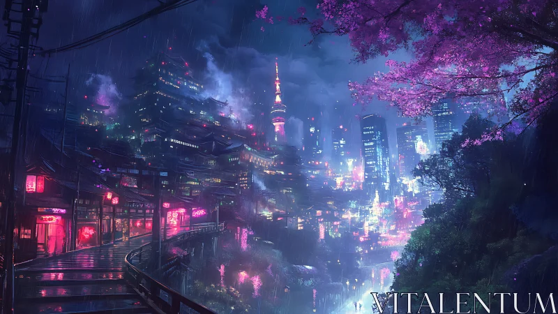 Neon-soaked cyberpunk city glows beneath soft cherry blossoms