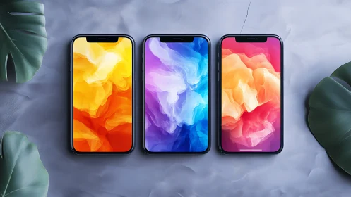 Three modern smartphones display vivid abstract screens
