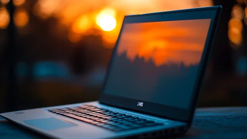 Cozy laptop scene glowing gently in a soft evening sunset.