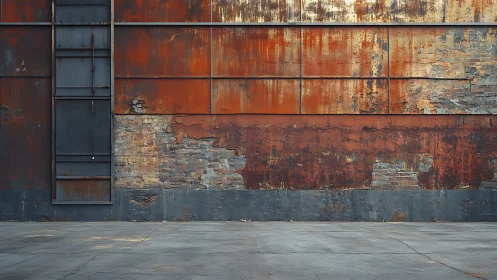 Rusty industrial wall with weathered brick and panels.
