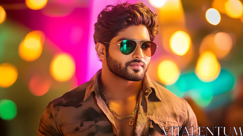 Man wearing sunglasses stands before defocused colored lights