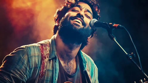 Male musician singing into stage microphone under colored light.