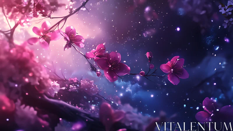 Ethereal Pink Blossoms Glow Against Cosmic Blue Darkness.