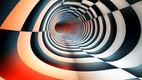 Checkered vortex tunnel bends toward glowing central vanishing point