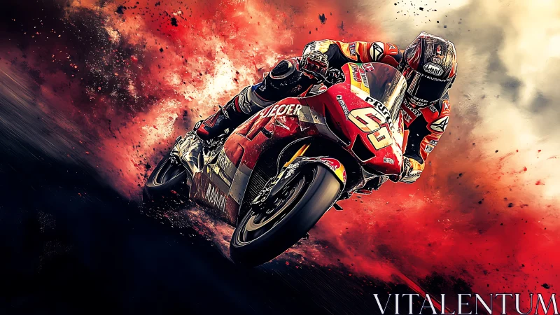 Red thunderbike lunges through a storm of racing fire.