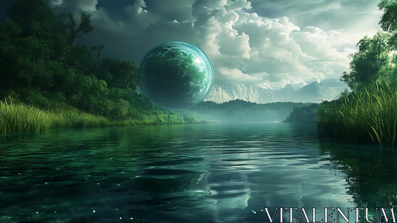 Glowing emerald sphere hovering above tranquil forest lake.