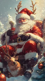 Santa’s snowy throne with a cheeky reindeer companion.