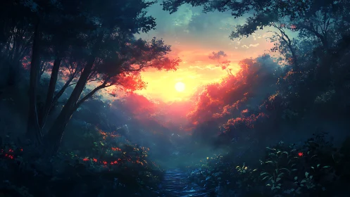 Mystical Forest Path: Sunset Illumination Through Towering Trees.