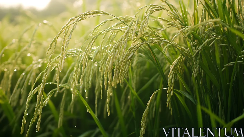 Backlit rice panicles with dewdrops in shallow focus field.