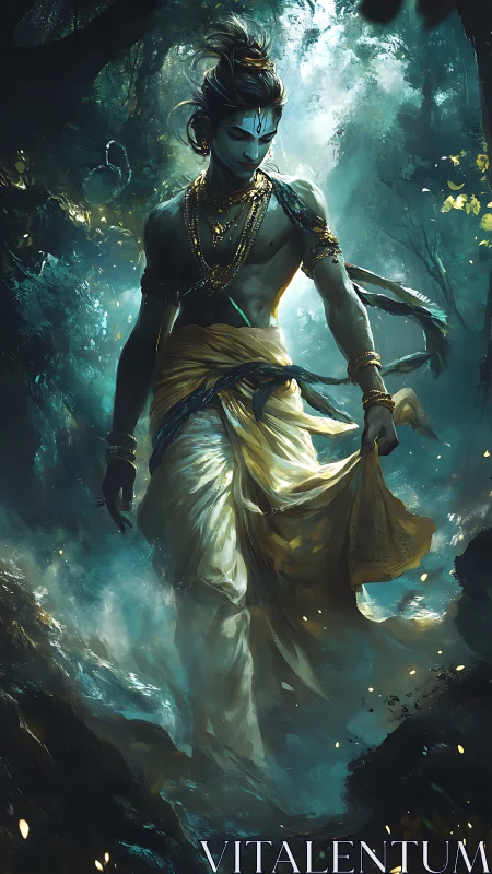 Forest-striding deity draped in moonlit gold and shadowed mist.