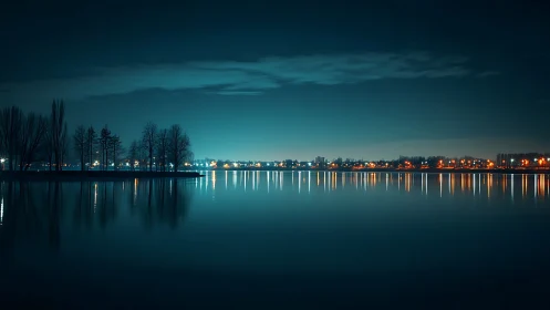Calm night lake with silhouetted trees and distant lights.