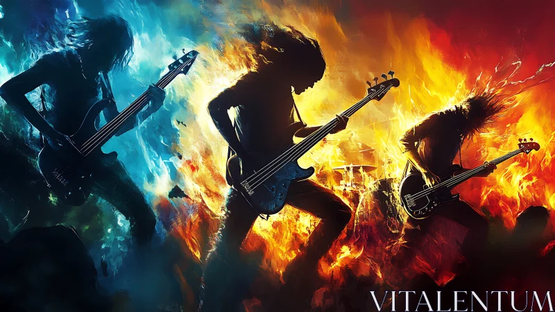 Electric rock trio blazing through swirling fire and ice.