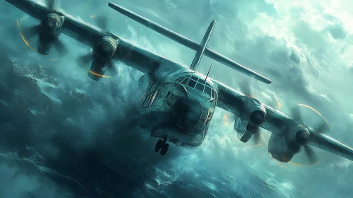 Stormrider cargo plane knifes through raging turquoise sky.