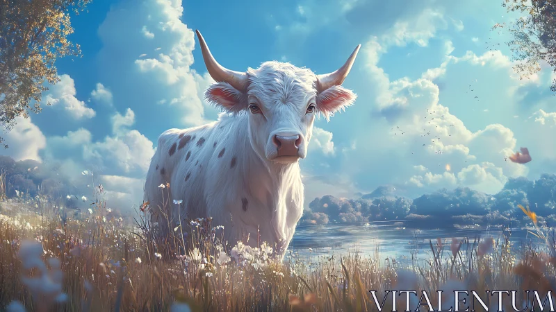 White horned cow stands beside sunlit lakeside meadow.