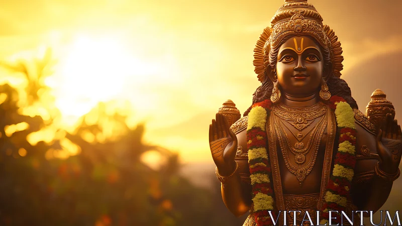 Sunrise crowns serene Hindu deity in marigold garlands