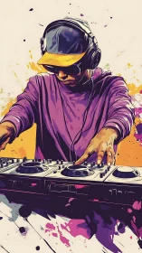 DJ in purple hoodie mixing tracks on colorful console.