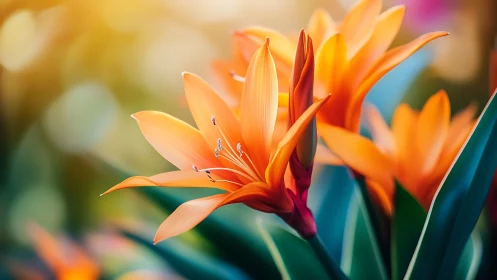 Vibrant orange birds of paradise flowers with sharp focus detail