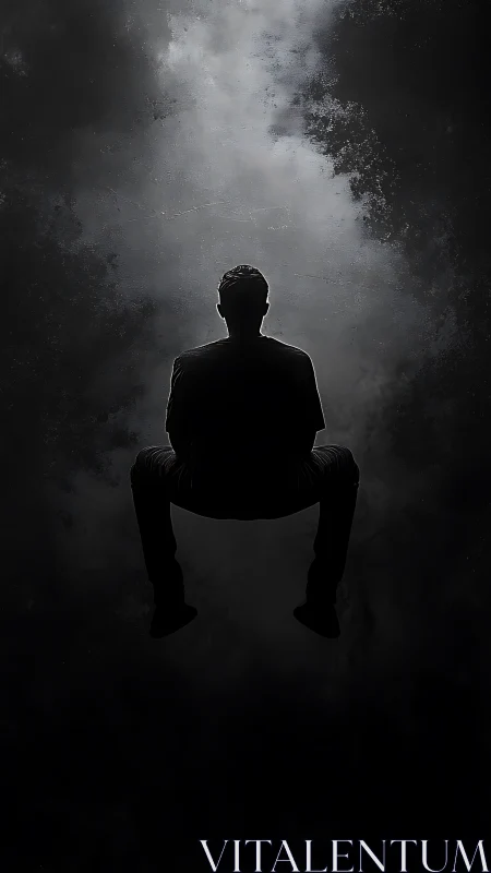 Silhouetted figure levitates inside dense monochrome void.