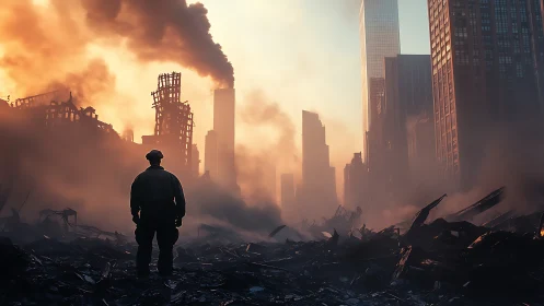 Solitary figure surveys a devastated city at smoky dawn