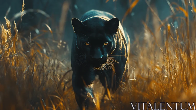 Black Panther in Golden Grassland with Dramatic Backlighting