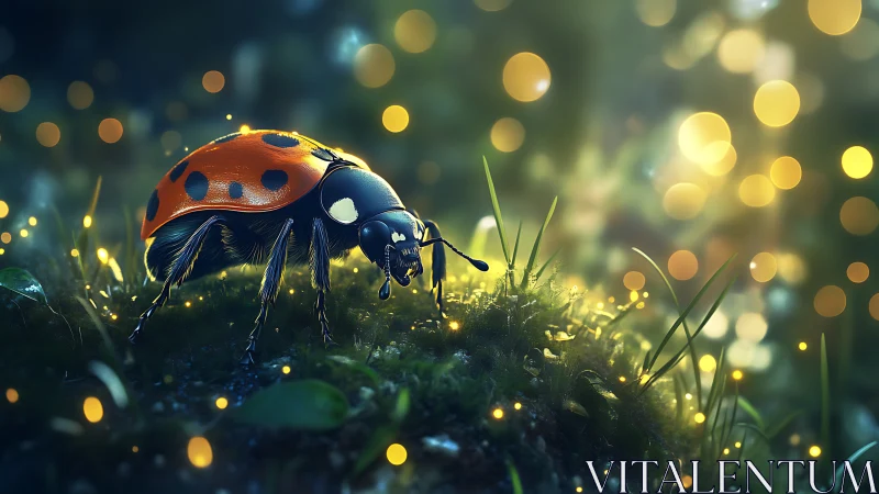Macro 3D ladybug study with luminous bokeh field lighting.
