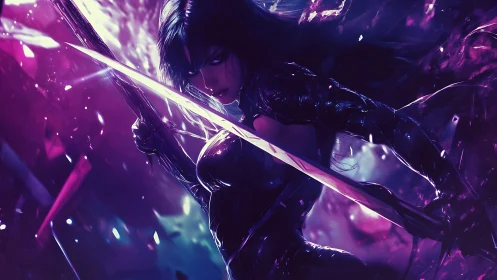 Blade-wielding warrior glows in neon storm of electric light